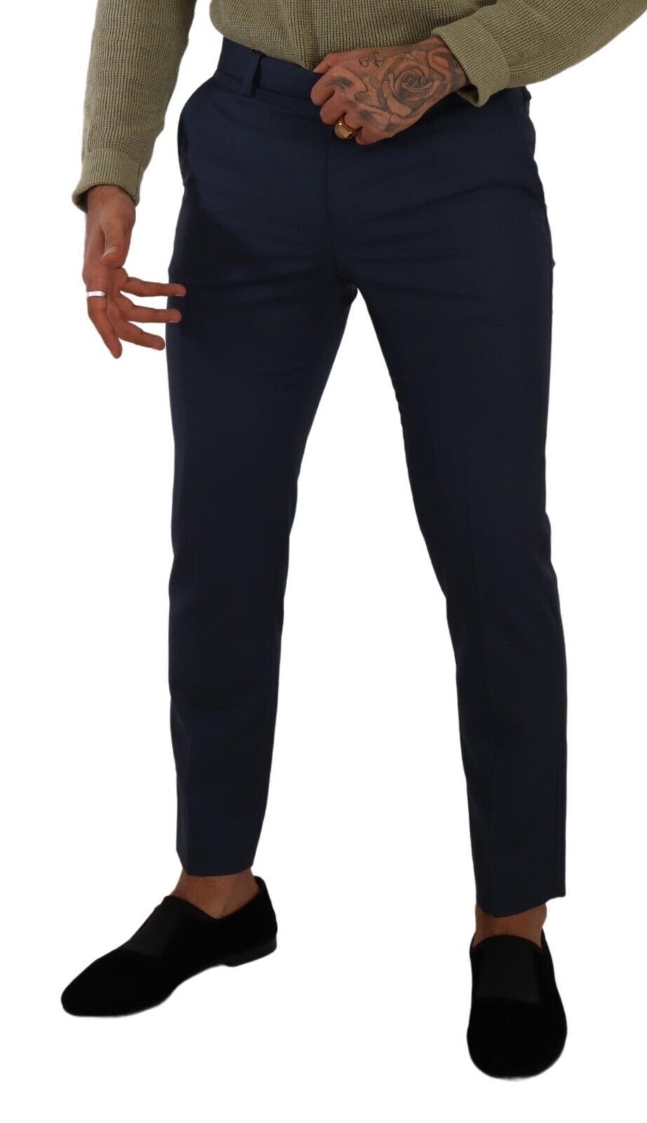 Dark Blue Wool Skinny Formal Dress Pants - ventzia
