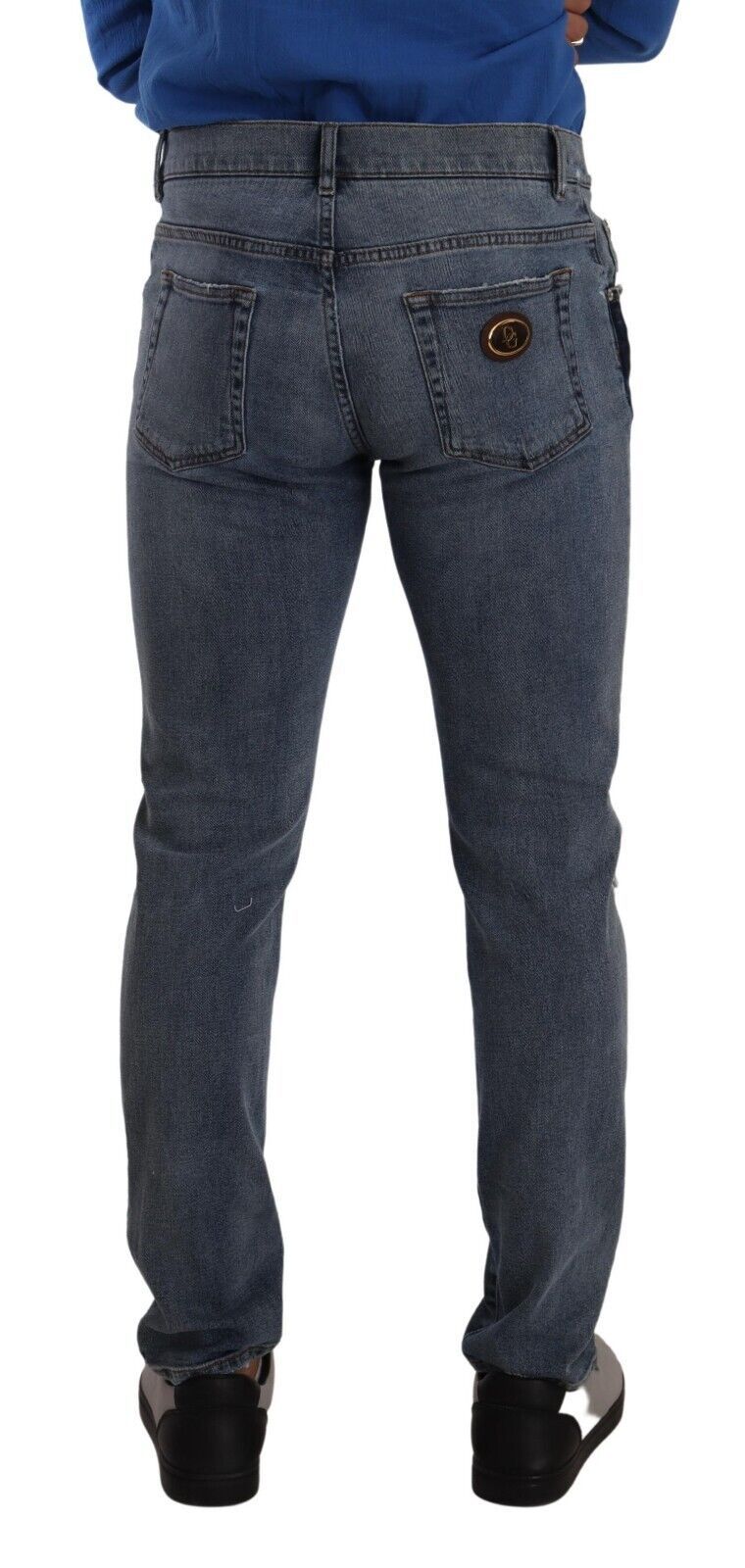 Blue Two Tone Tattered Cotton Slim Denim Jeans - ventzia