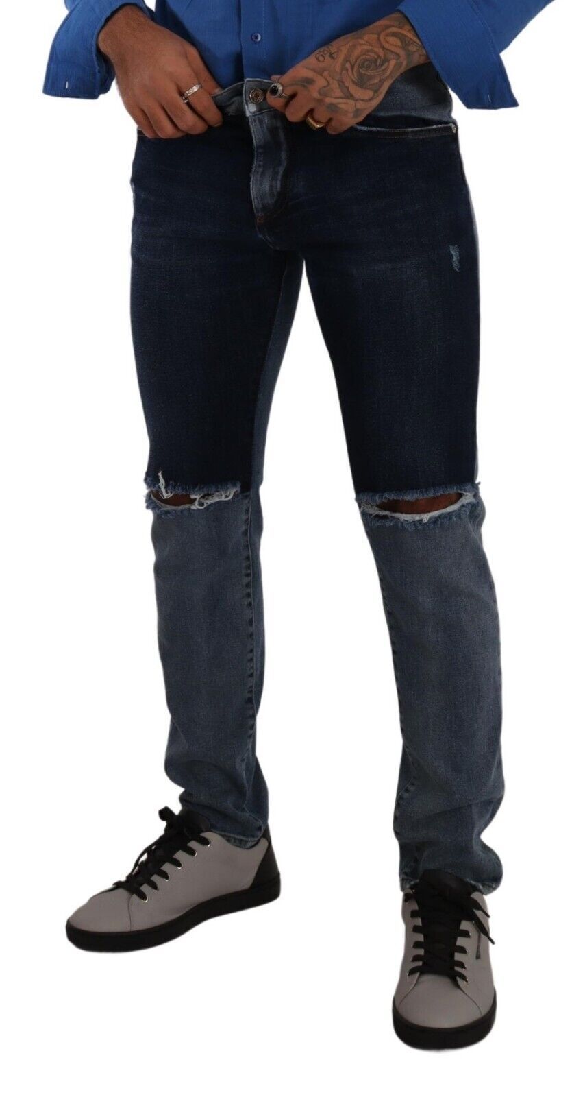 Blue Two Tone Tattered Cotton Slim Denim Jeans - ventzia