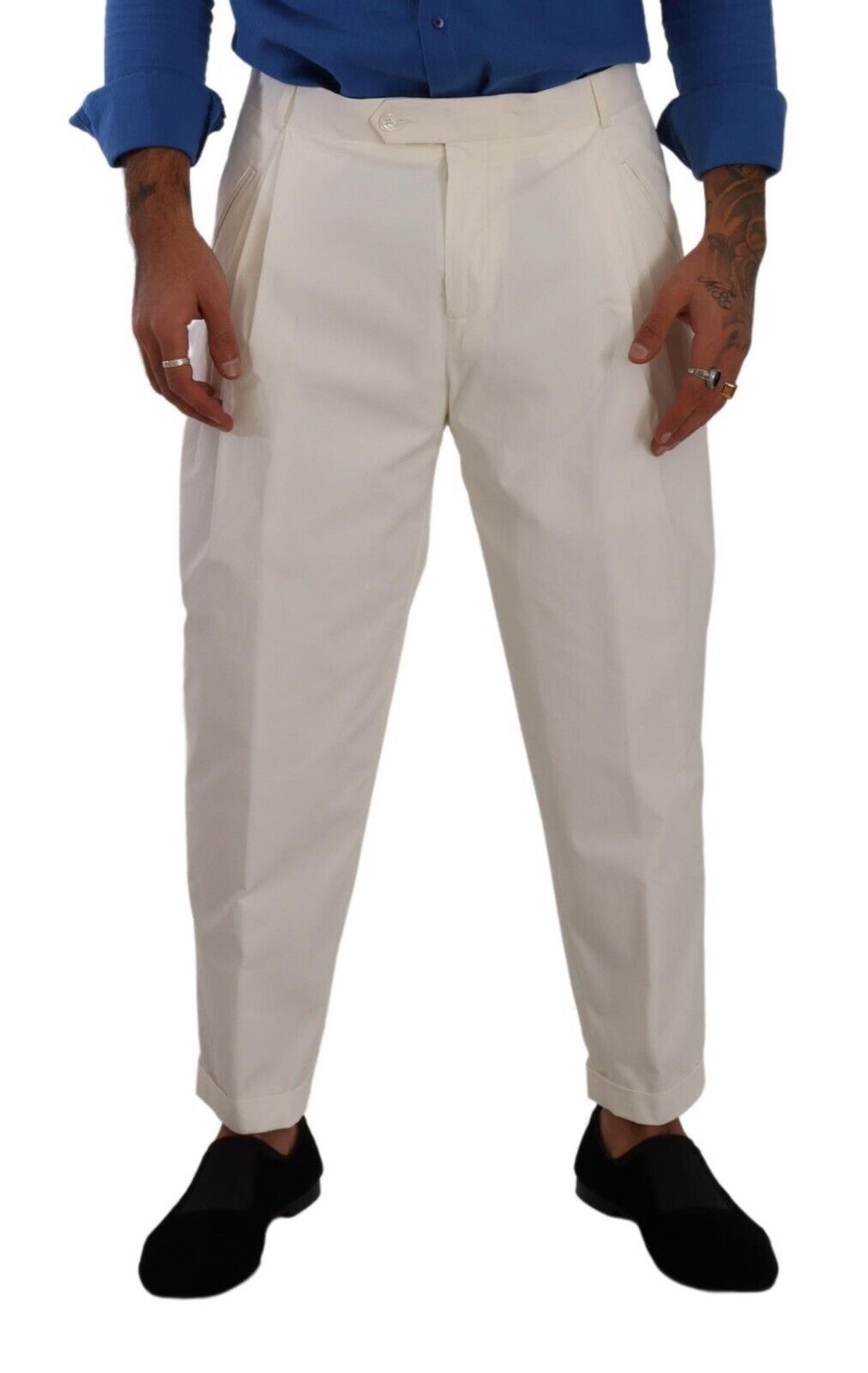 White Cotton Tapered Men Trouser Dress Pants - ventzia