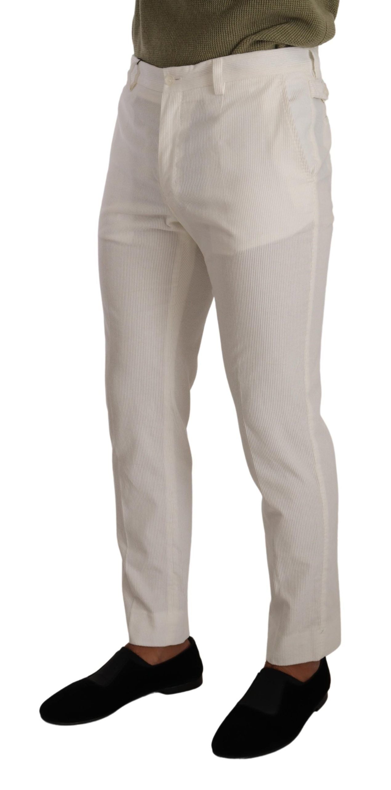White Cotton Skinny Corduroy Trouser Pants - ventzia