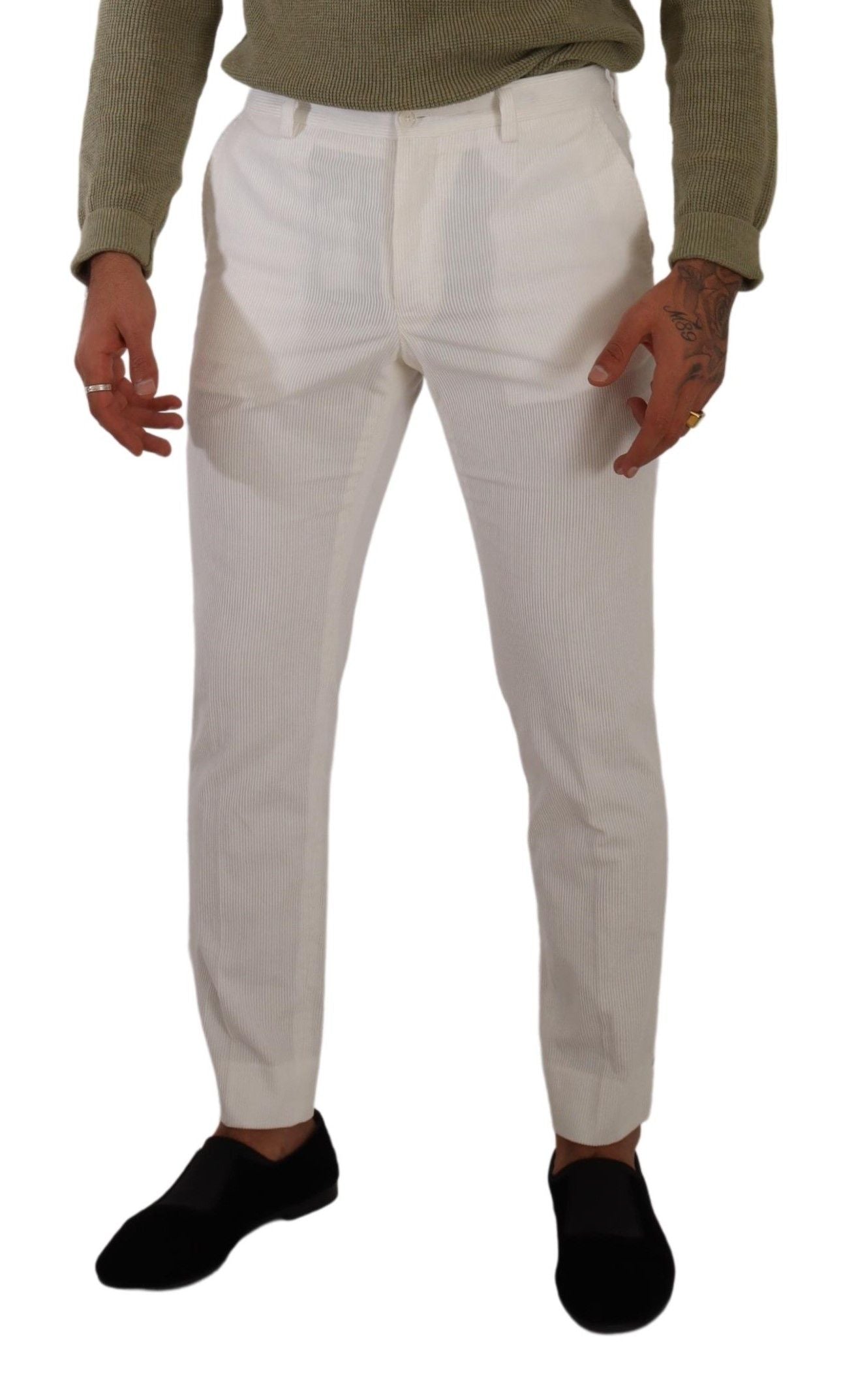 White Cotton Skinny Corduroy Trouser Pants - ventzia