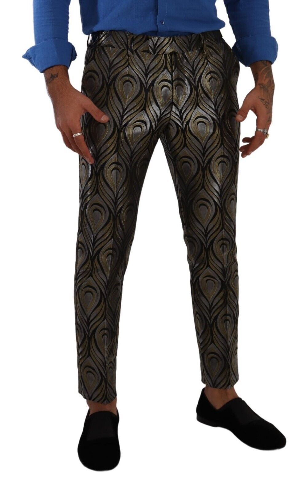 Silver Gold Jacquard Men Trouser Dress Pants - ventzia