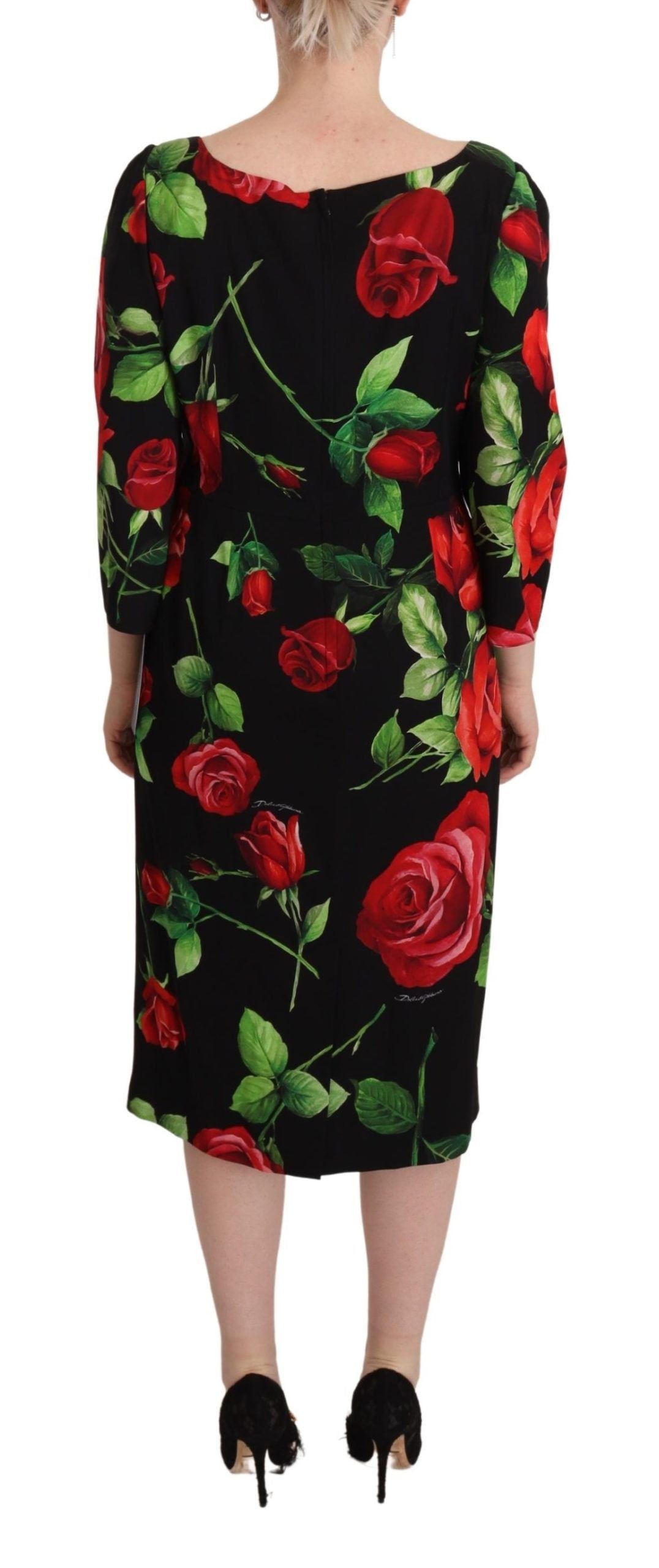 Black Red Roses Sheath Stretch Silk Dress - ventzia