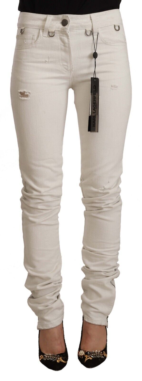 White Mid Waist Cotton Denim Slim Fit Jeans - ventzia