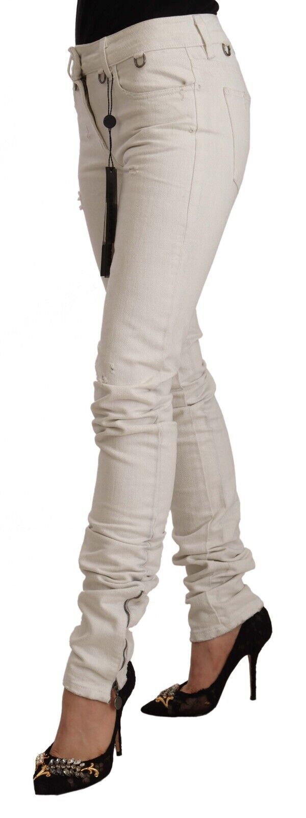 White Mid Waist Cotton Denim Slim Fit Jeans - ventzia