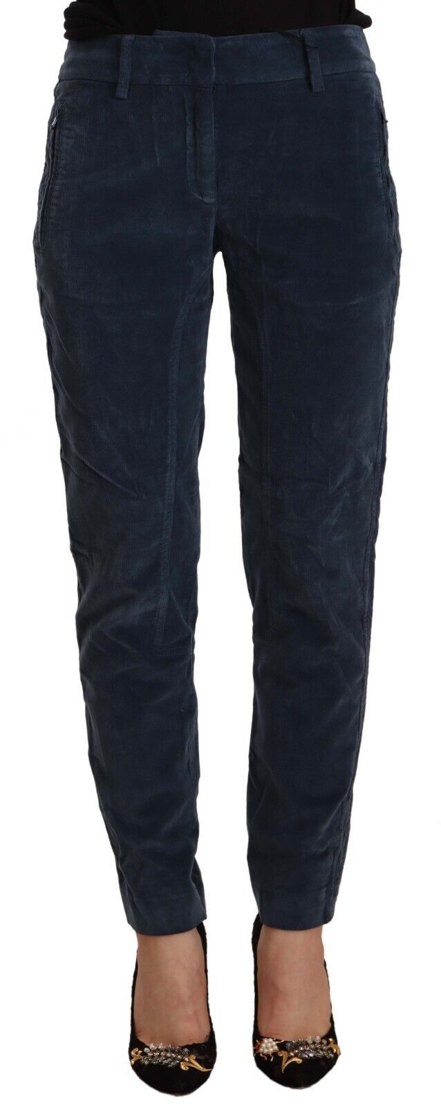 Blue Mid Waist Cotton Stretch Tapered Pants - ventzia