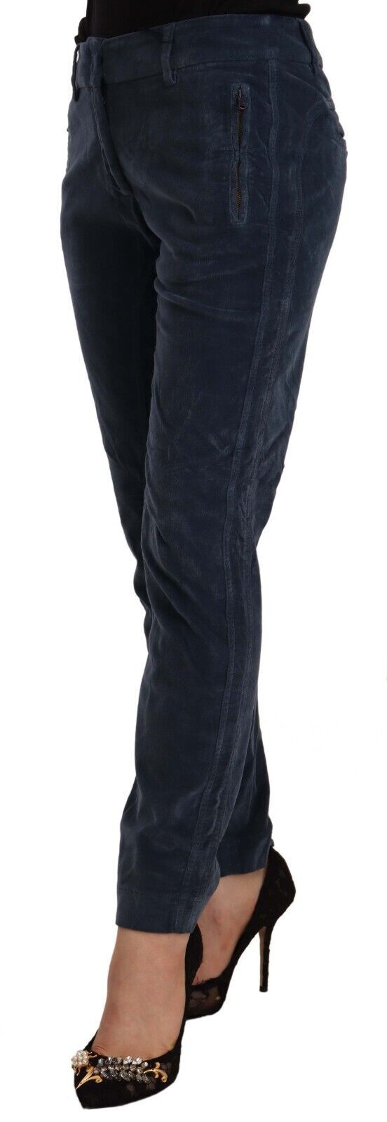 Blue Mid Waist Cotton Stretch Tapered Pants - ventzia