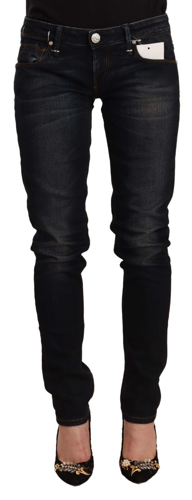 Black Washed Cotton Low Waist Slim Fit Denim Jeans - ventzia