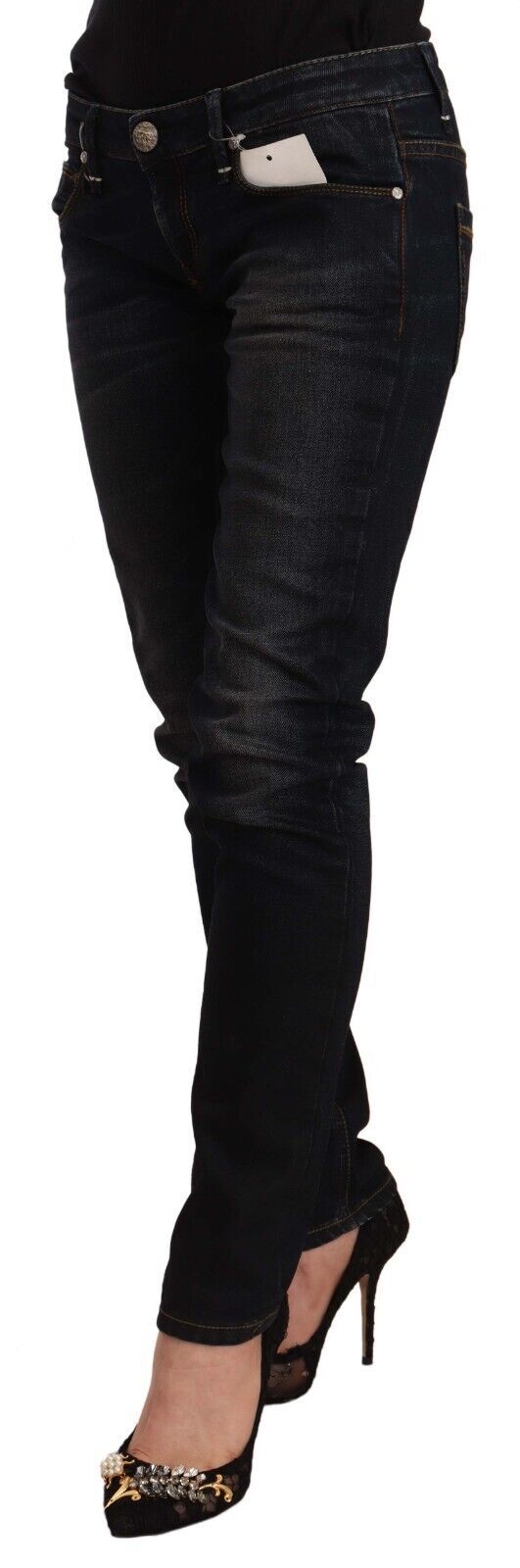 Black Washed Cotton Low Waist Slim Fit Denim Jeans - ventzia