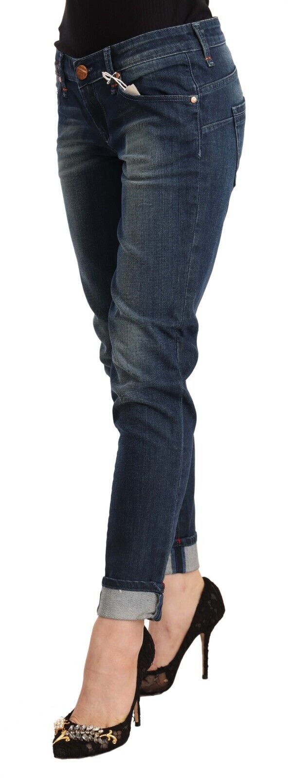 Blue Washed Low Waist Skinny Denim Folded Hem Jeans - ventzia