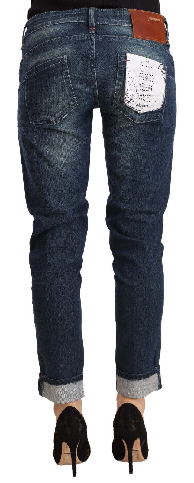 Blue Washed Low Waist Skinny Denim Folded Hem Jeans - ventzia