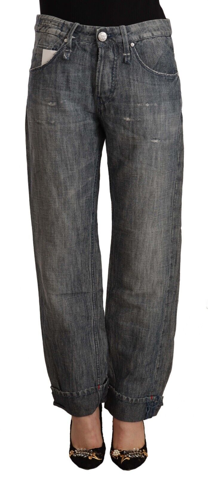 Gray Washed Ramie Straight Denim Folded Hem Jeans - ventzia