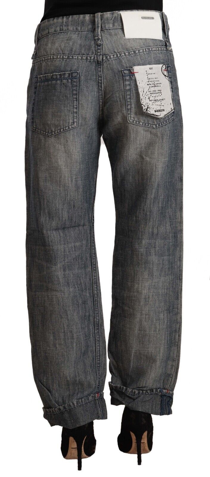 Gray Washed Ramie Straight Denim Folded Hem Jeans - ventzia