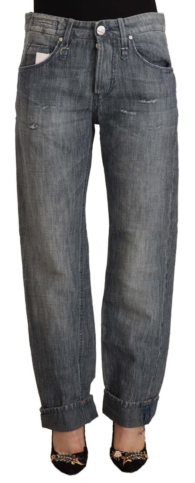 Gray Washed Mid Waist Straight Denim Folded Hem Jeans - ventzia
