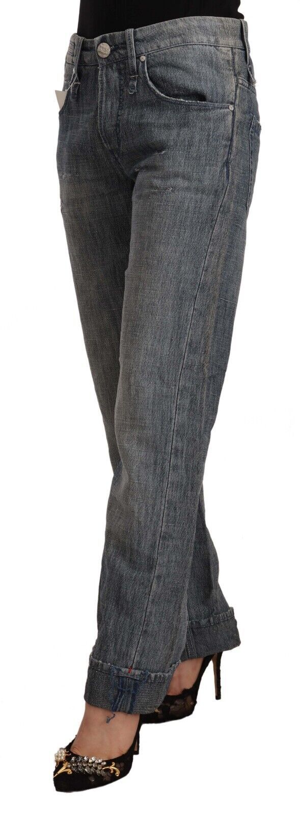 Gray Washed Mid Waist Straight Denim Folded Hem Jeans - ventzia