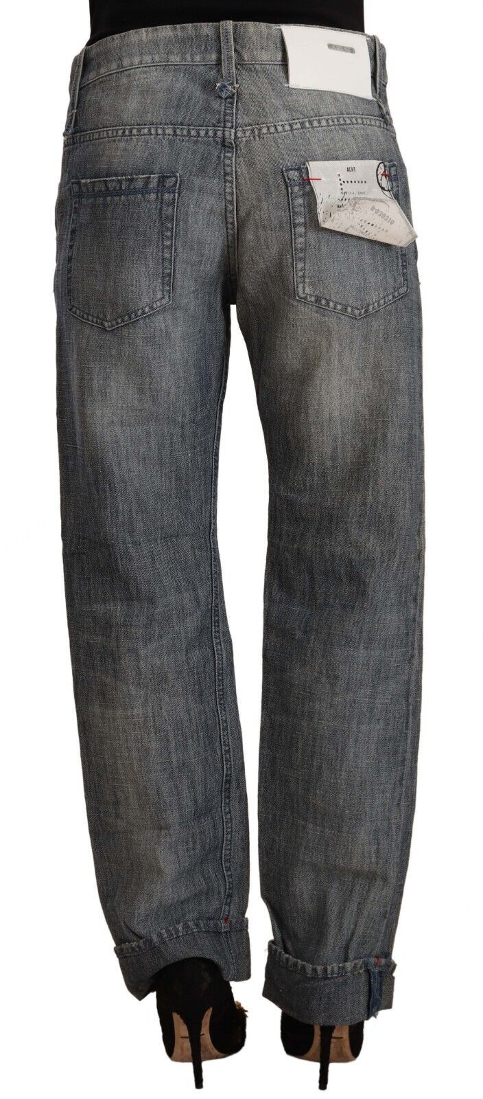 Gray Washed Mid Waist Straight Denim Folded Hem Jeans - ventzia