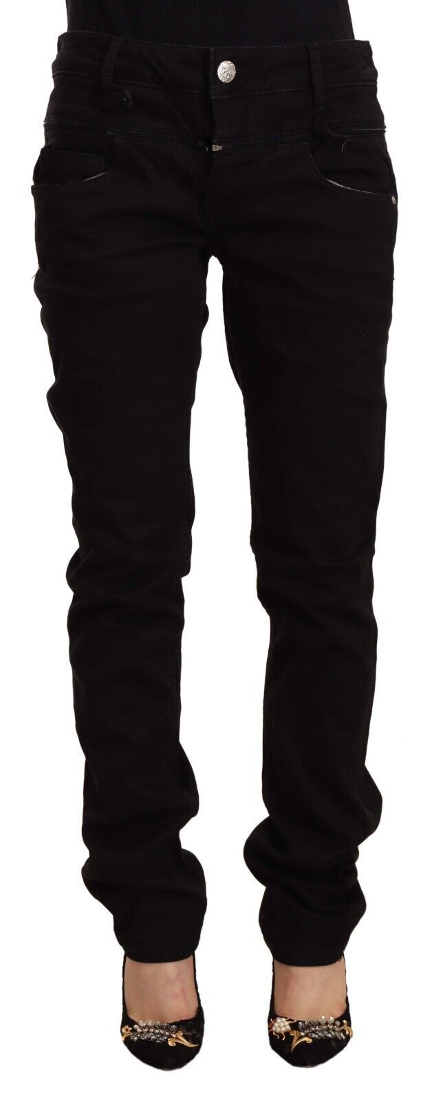 Black Low Waist Cotton Stretch Denim Skinny Jeans - ventzia