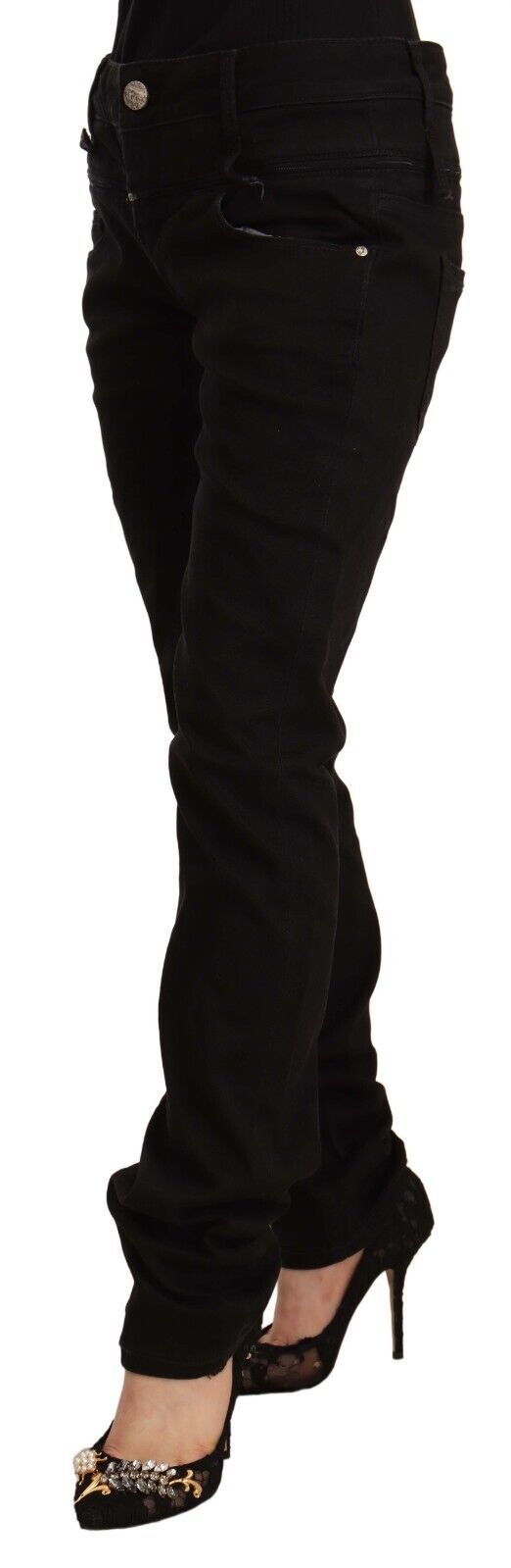 Black Low Waist Cotton Stretch Denim Skinny Jeans - ventzia