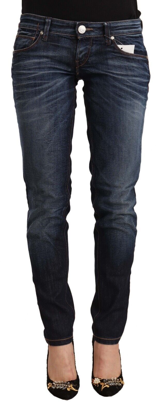 Blue Washed Cotton Low Waist Skinny Denim Jeans - ventzia