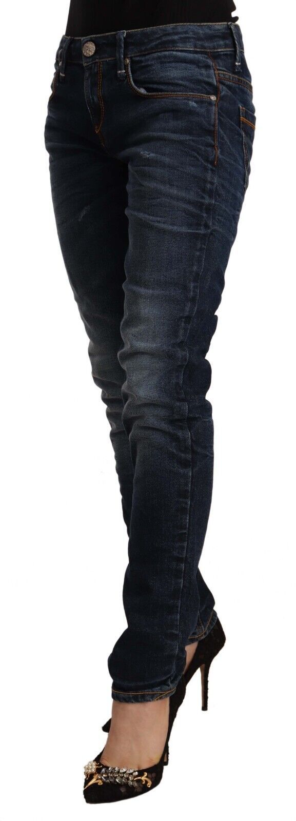 Blue Washed Cotton Mid Waist Skinny Denim Jeans - ventzia