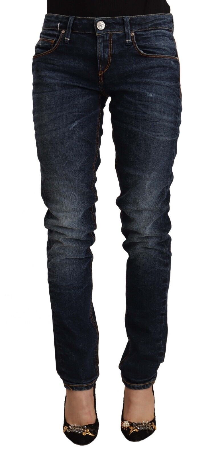 Blue Washed Cotton Mid Waist Skinny Denim Jeans - ventzia