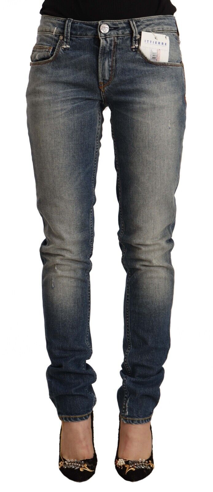 Blue Washed Cotton Mid Waist Skinny Denim Jeans - ventzia