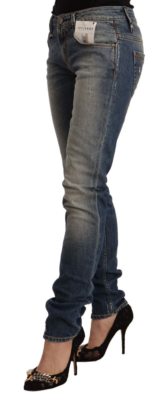 Blue Washed Cotton Mid Waist Skinny Denim Jeans - ventzia