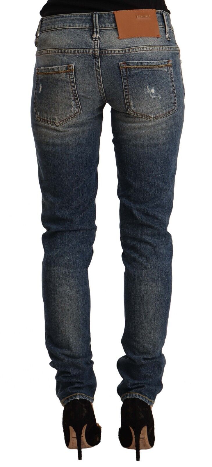 Blue Washed Cotton Mid Waist Skinny Denim Jeans - ventzia