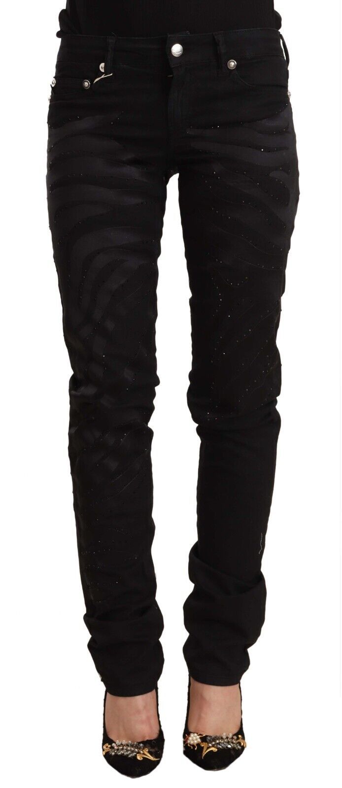 Black Mid Waist Embellished Skinny Jeans - ventzia