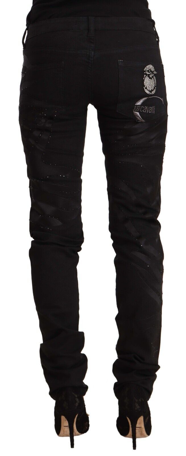 Black Mid Waist Embellished Skinny Jeans - ventzia