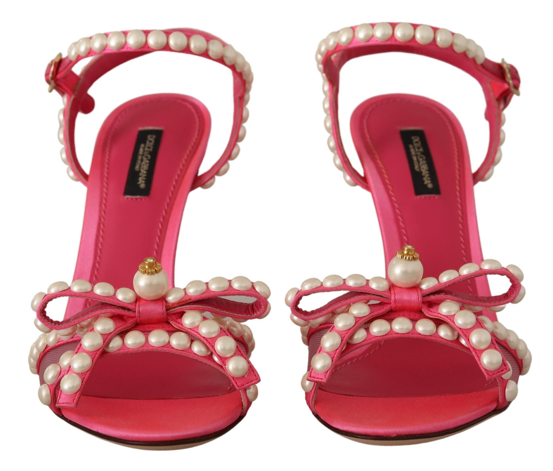 Pink Satin White Pearl Crystals Heels Shoes - ventzia