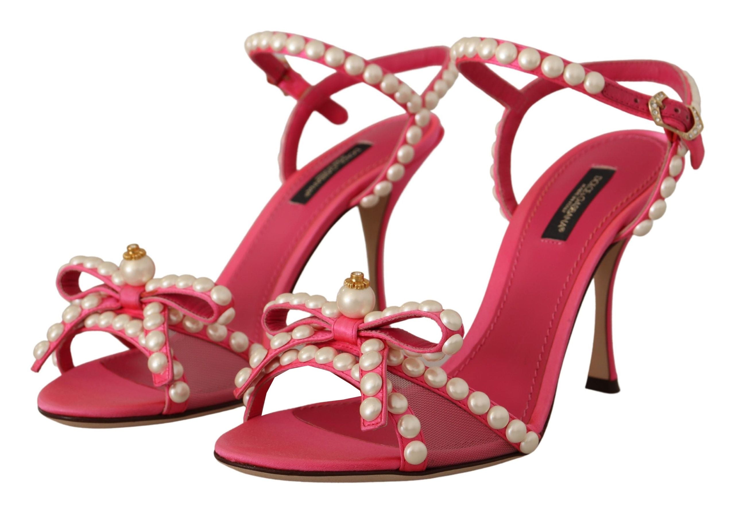Pink Satin White Pearl Crystals Heels Shoes - ventzia
