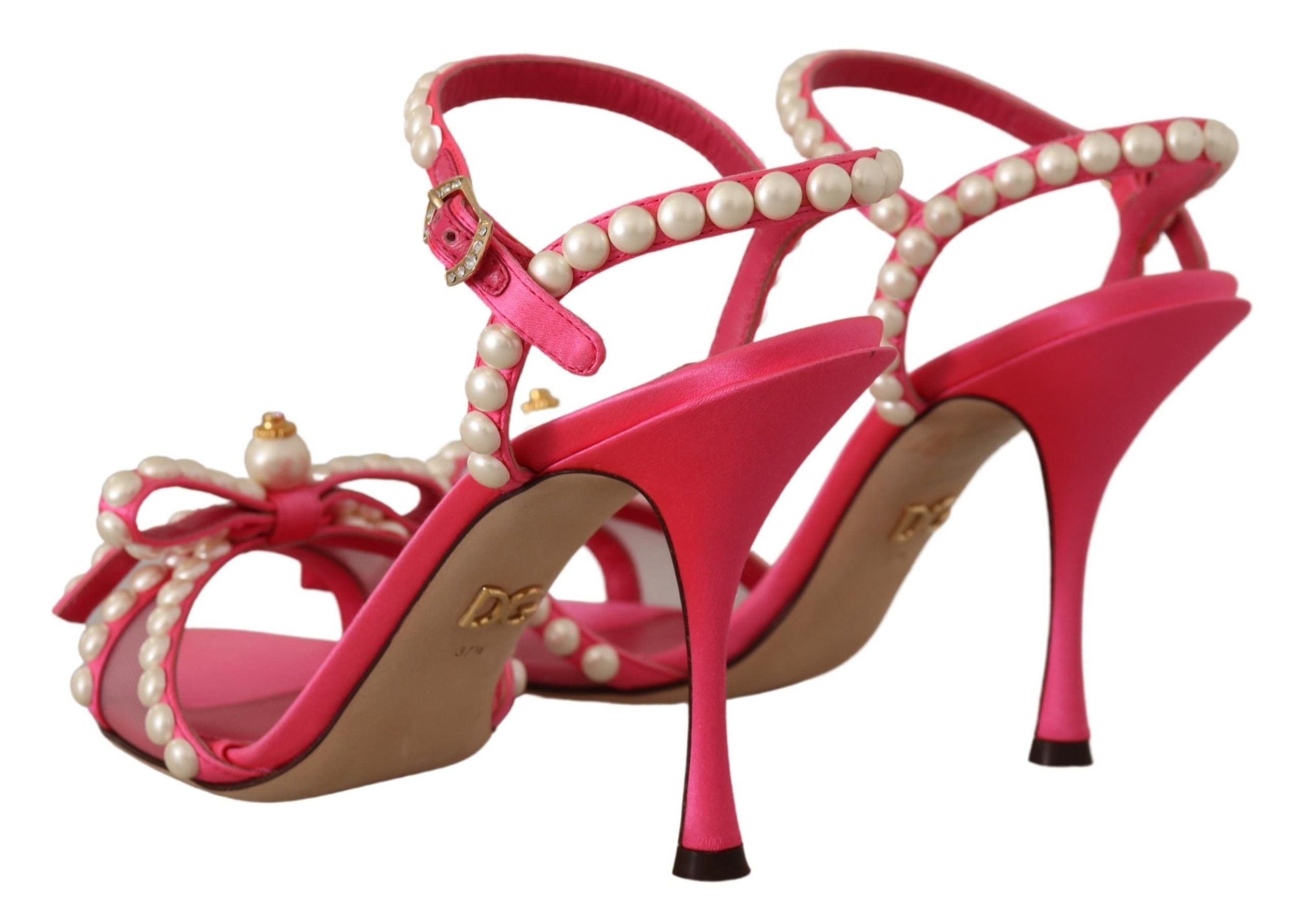 Pink Satin White Pearl Crystals Heels Shoes - ventzia