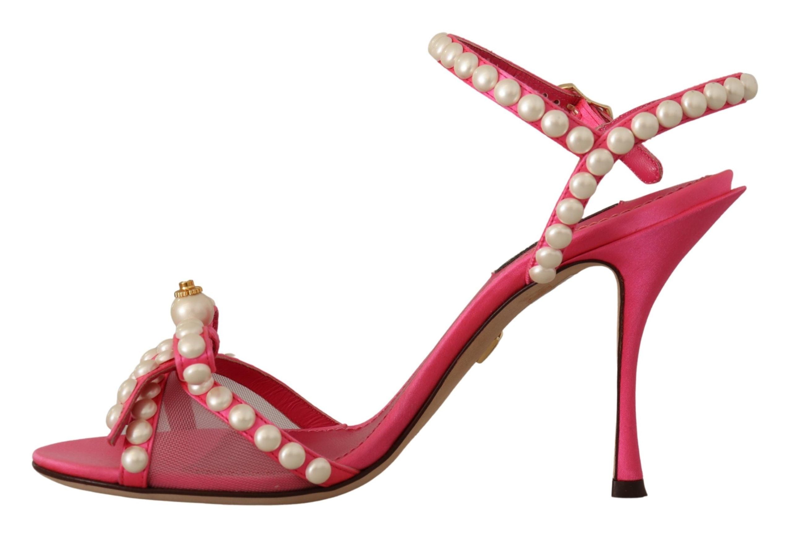 Pink Satin White Pearl Crystals Heels Shoes - ventzia
