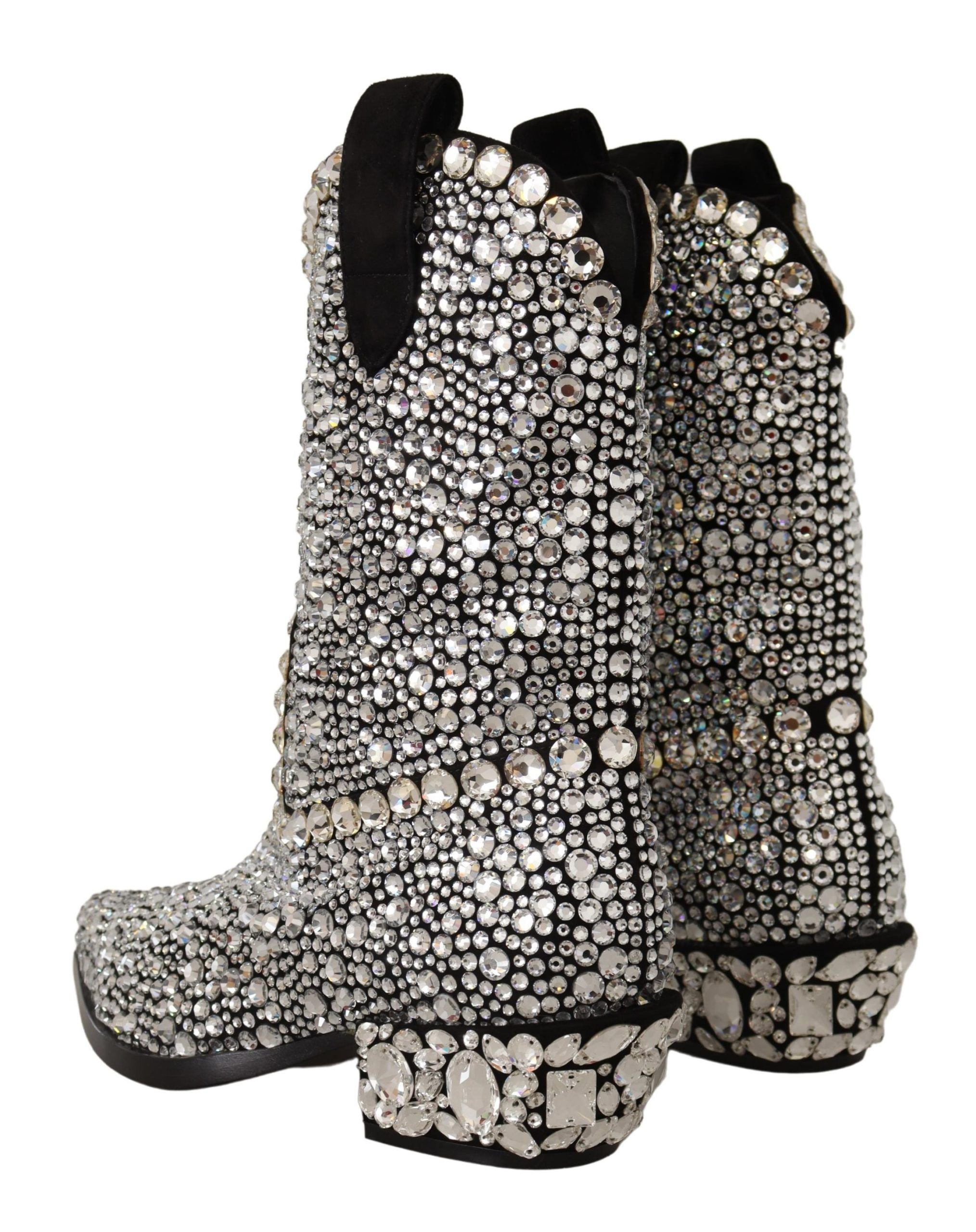 Black Suede Strass Crystal Cowgirl Boots - ventzia