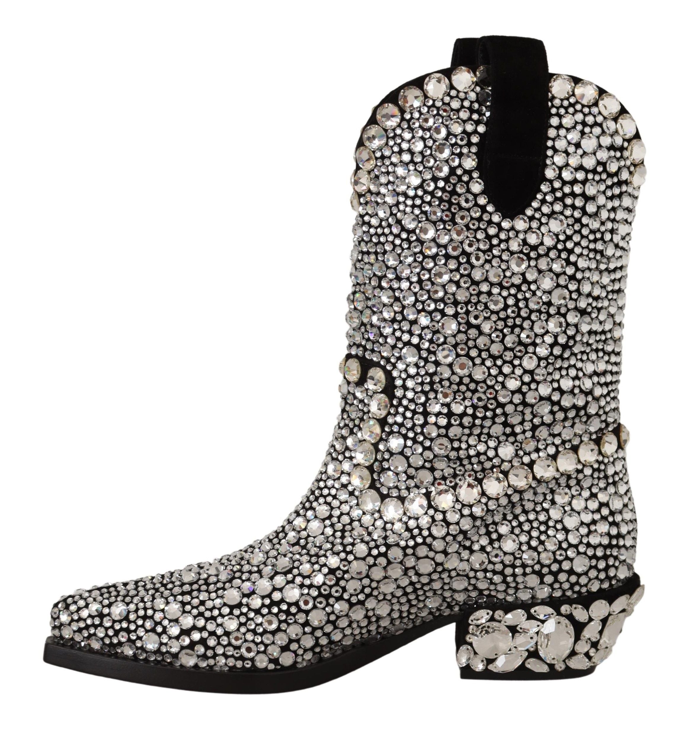 Black Suede Strass Crystal Cowgirl Boots - ventzia