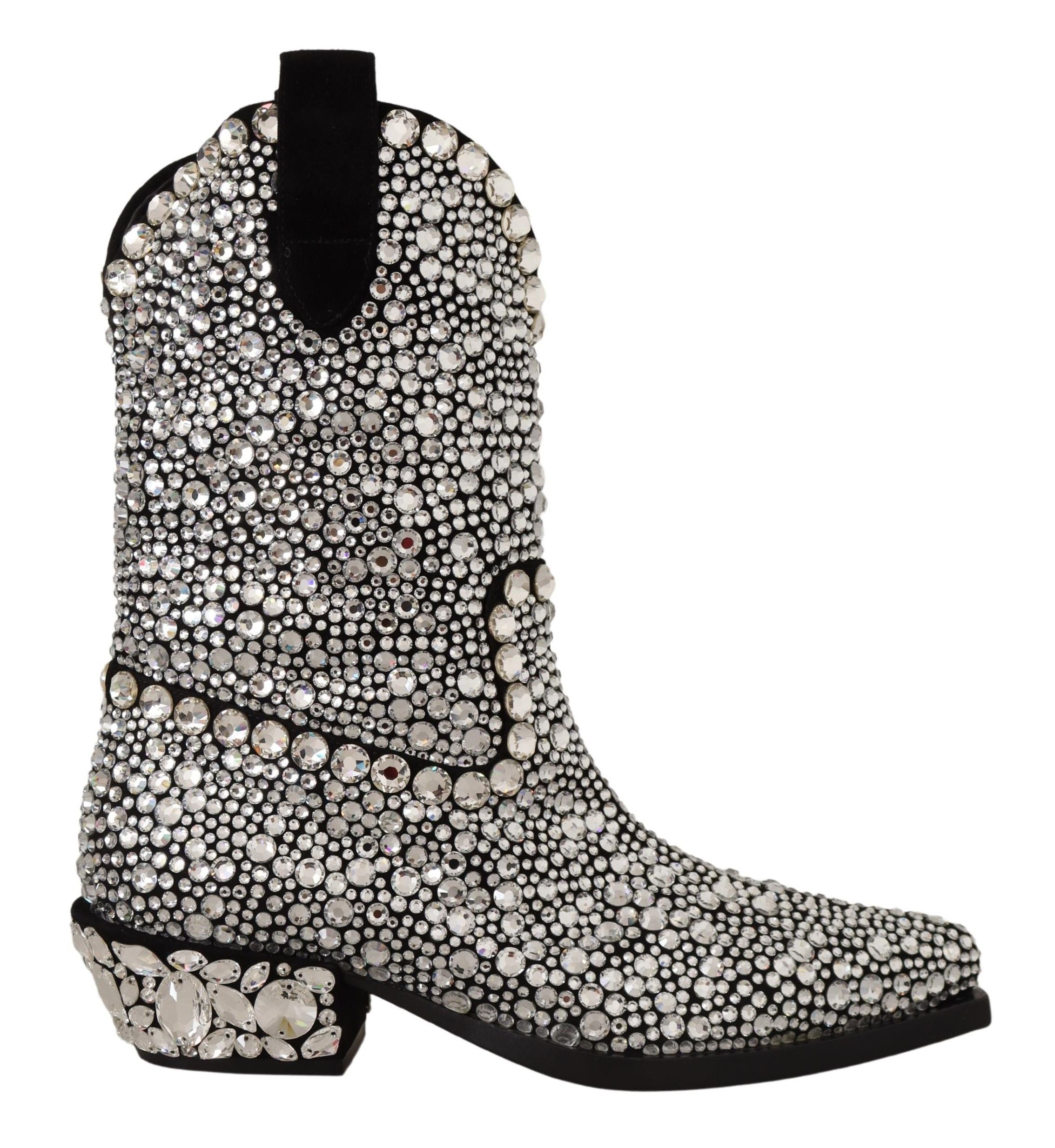 Black Suede Strass Crystal Cowgirl Boots - ventzia