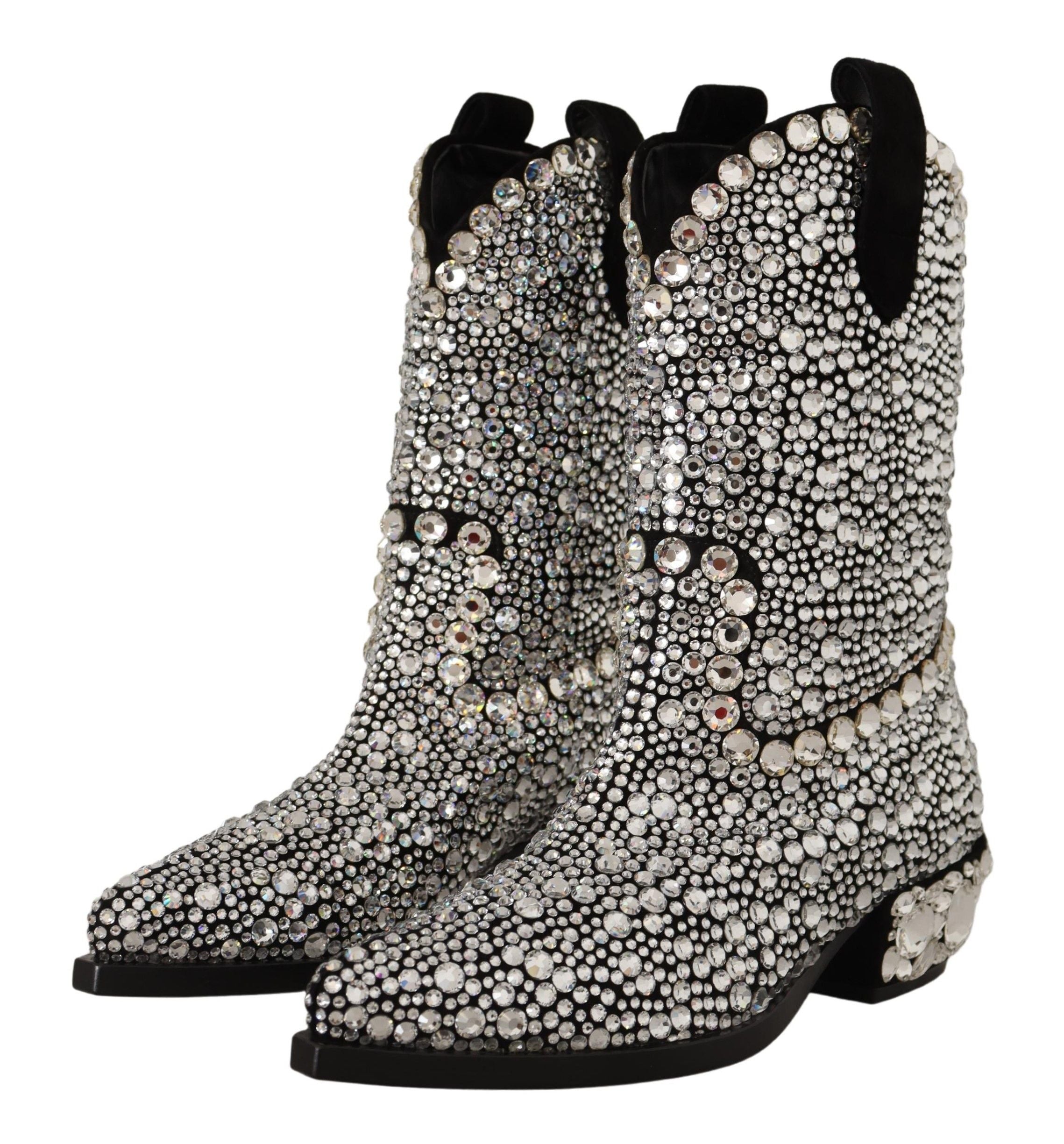 Black Suede Strass Crystal Cowgirl Boots - ventzia