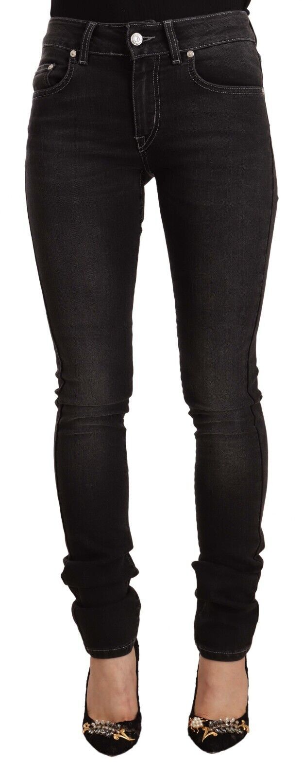 Black Washed Mid Waist Cotton Denim Skinny Jeans - ventzia