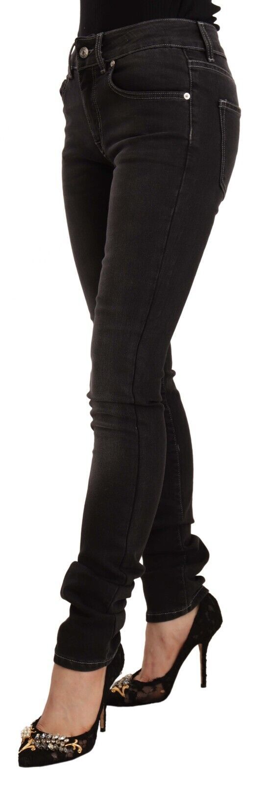 Black Washed Mid Waist Cotton Denim Skinny Jeans - ventzia