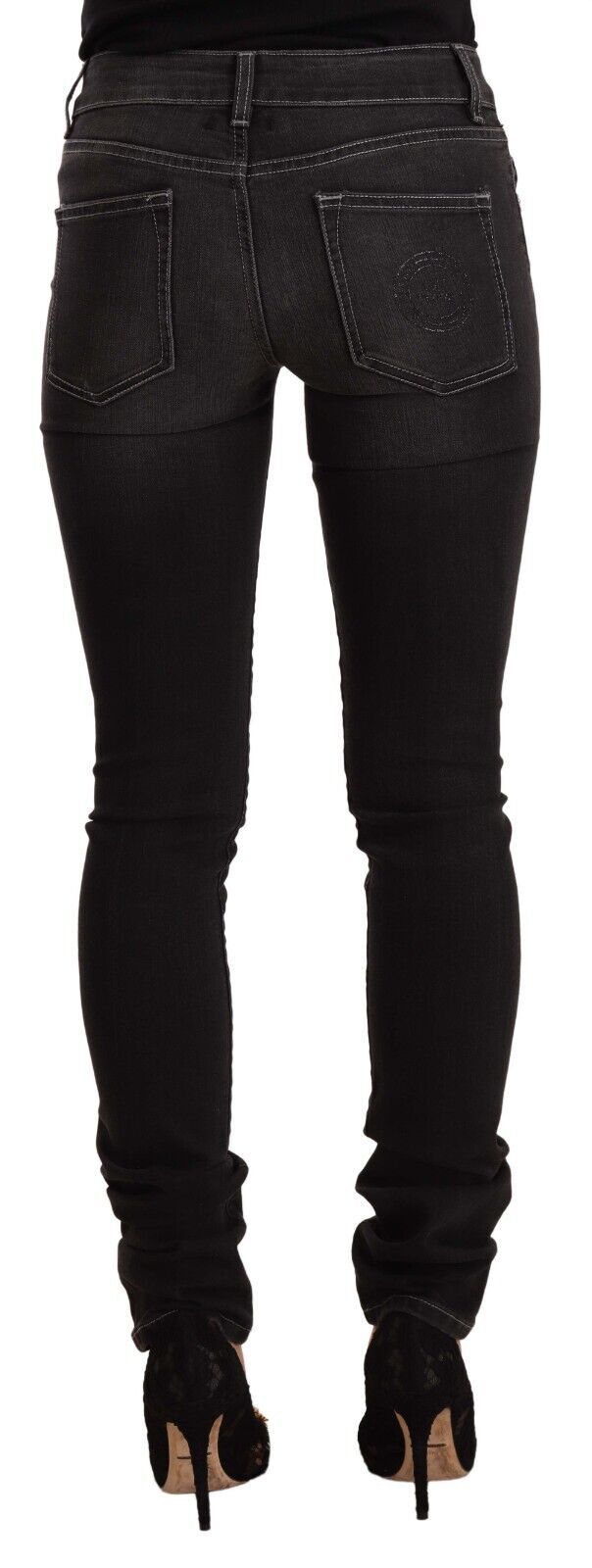 Black Washed Mid Waist Cotton Denim Skinny Jeans - ventzia