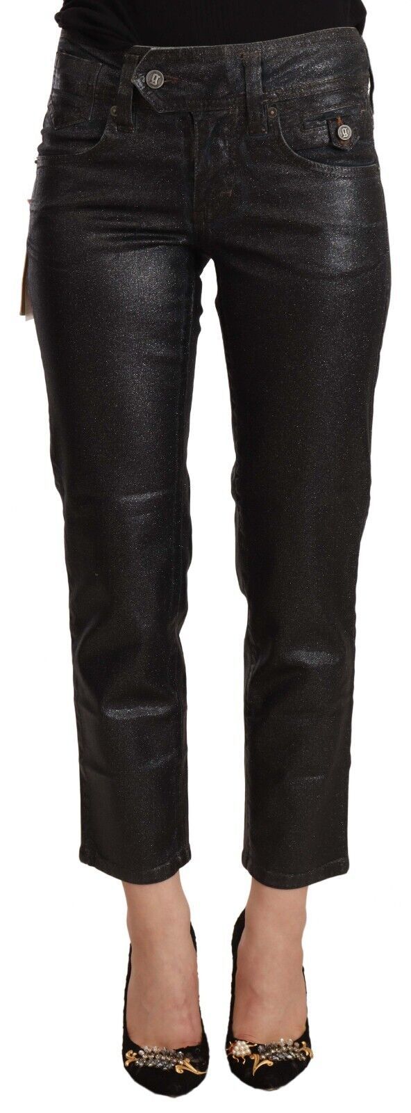 Black Glittered Mid Waist Cotton Cropped Pants - ventzia