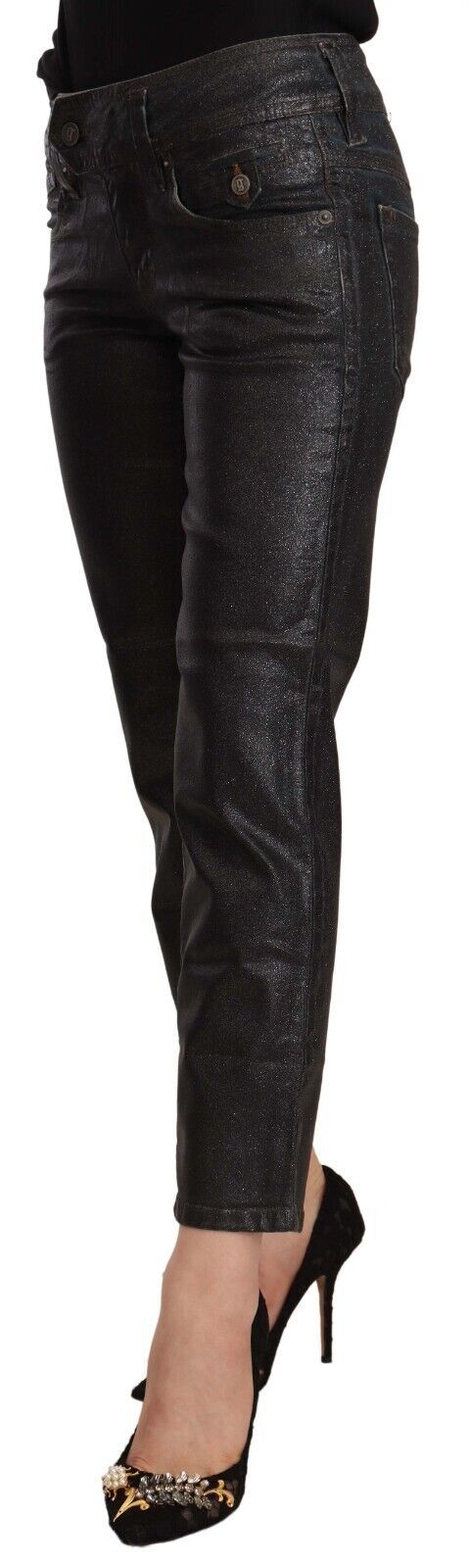 Black Glittered Mid Waist Cotton Cropped Pants - ventzia