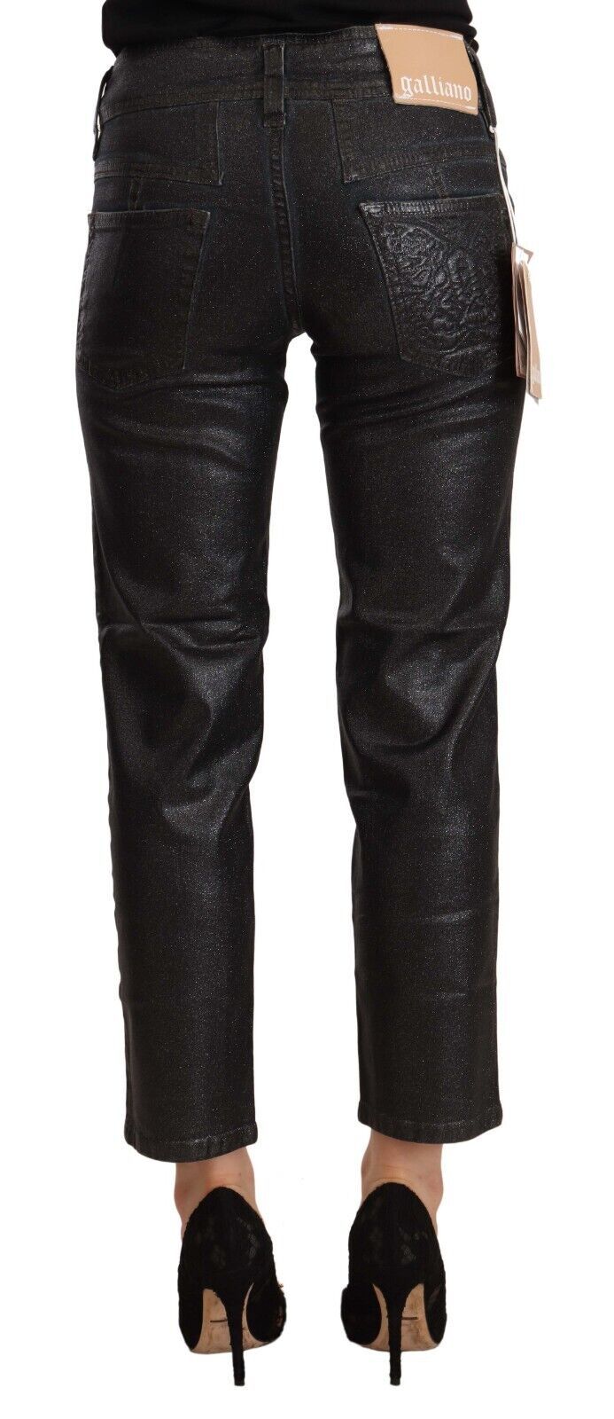 Black Glittered Mid Waist Cotton Cropped Pants - ventzia