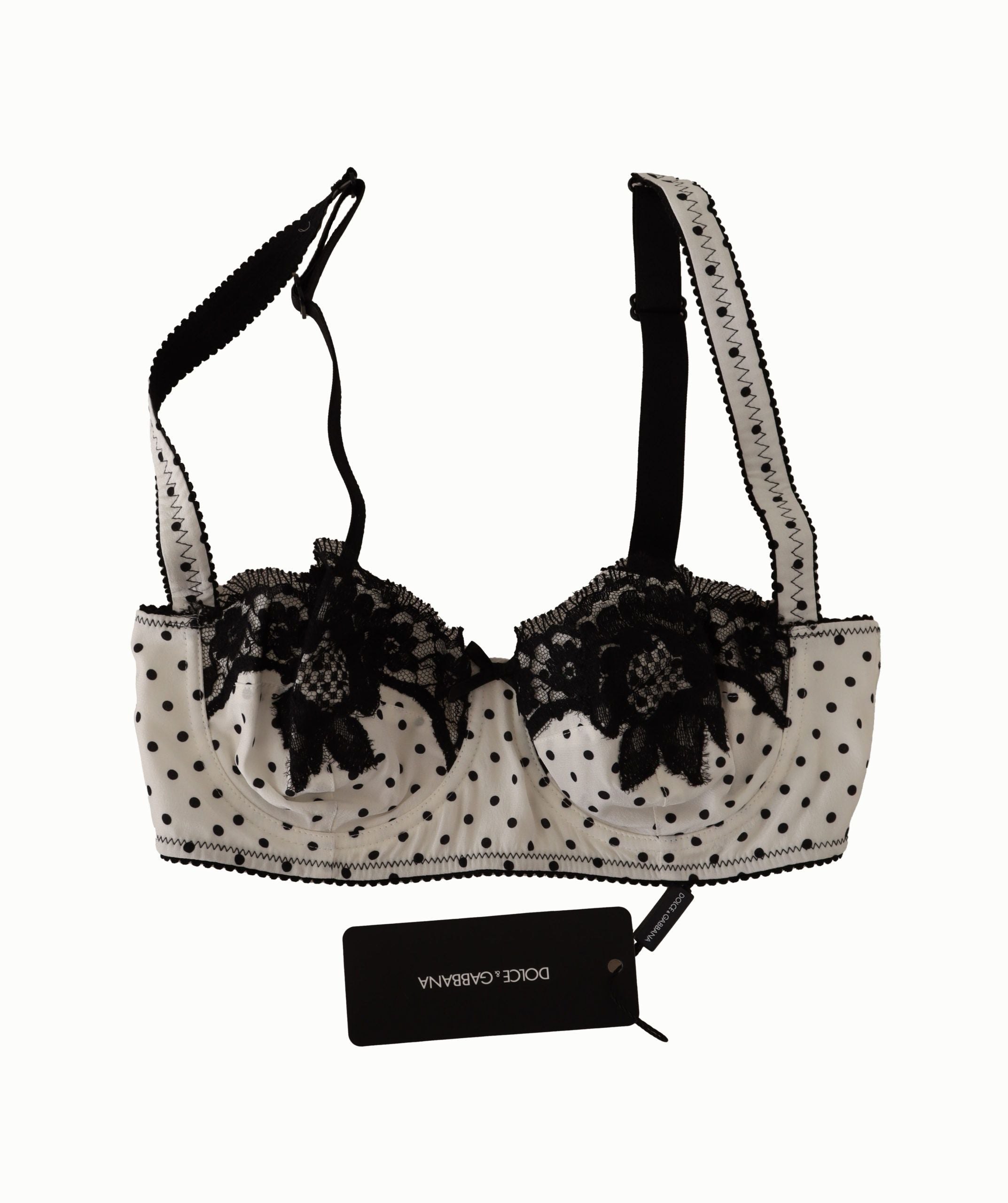 White Black Polka Dot Satin Lace Balconette Bra - ventzia