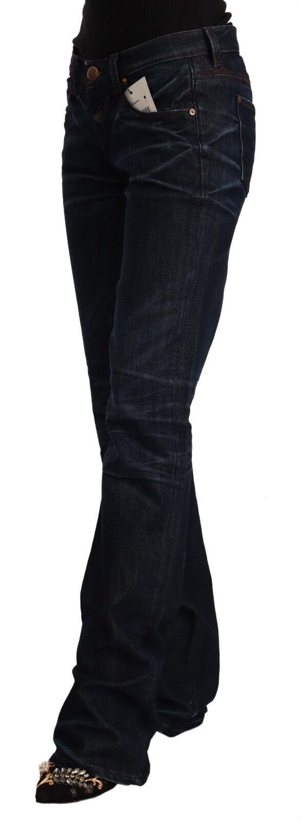 Dark Blue Mid Waist Cotton Denim Straight Jeans - ventzia