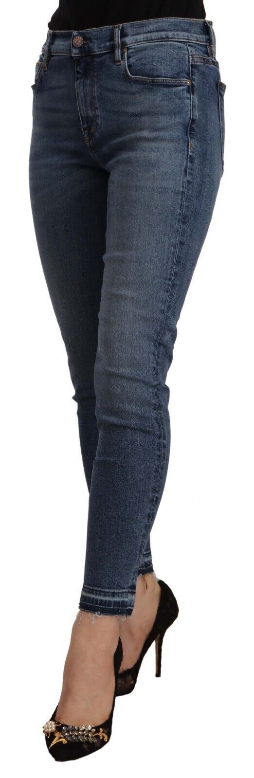 Blue Mid Waist Cotton Denim Slim Fit Cropped Jeans - ventzia