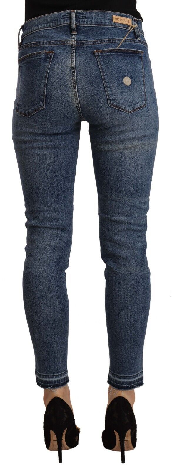 Blue Mid Waist Cotton Denim Slim Fit Cropped Jeans - ventzia