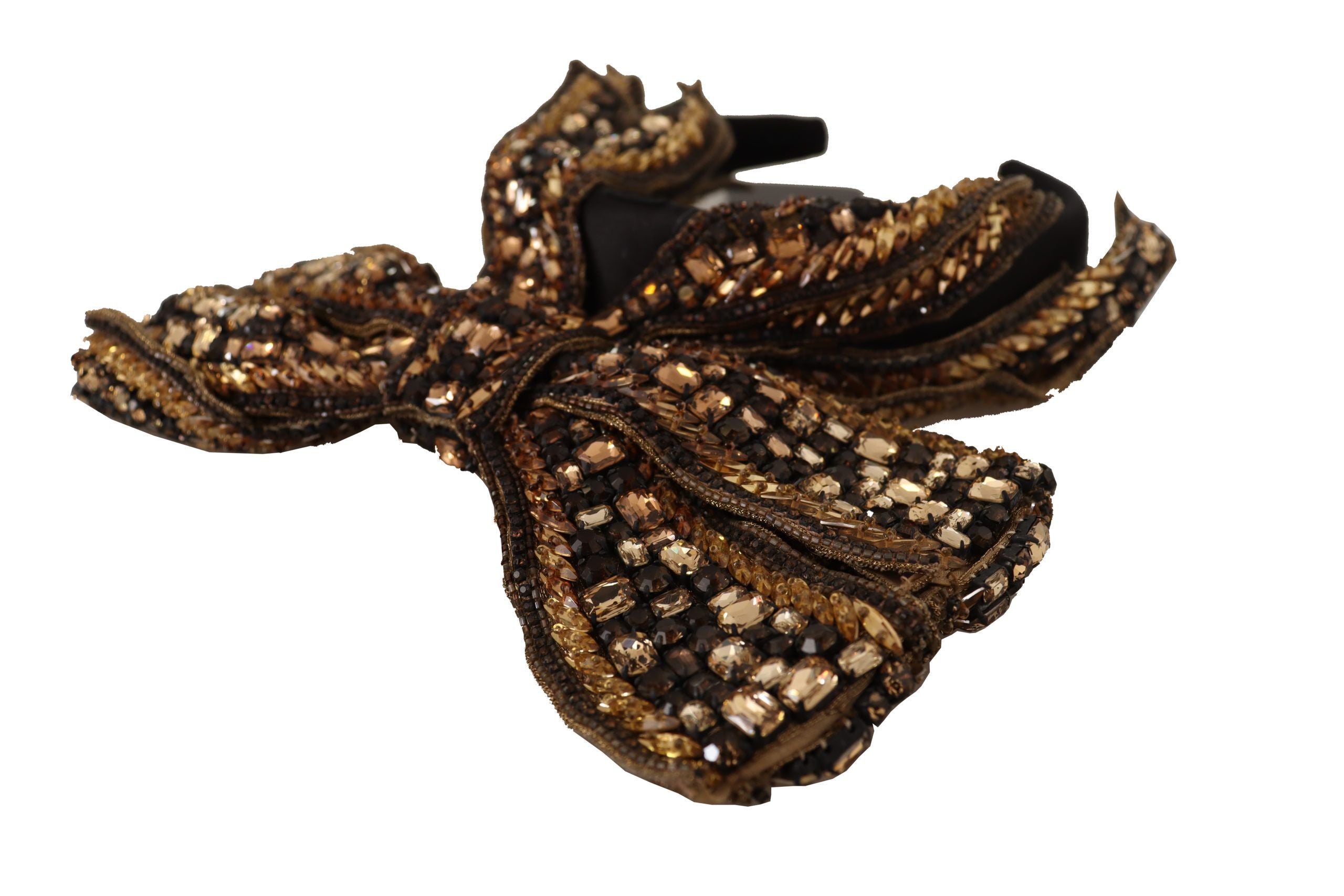 Gold Crystal Beaded Sequined Silk Bow Headband Diadem - ventzia